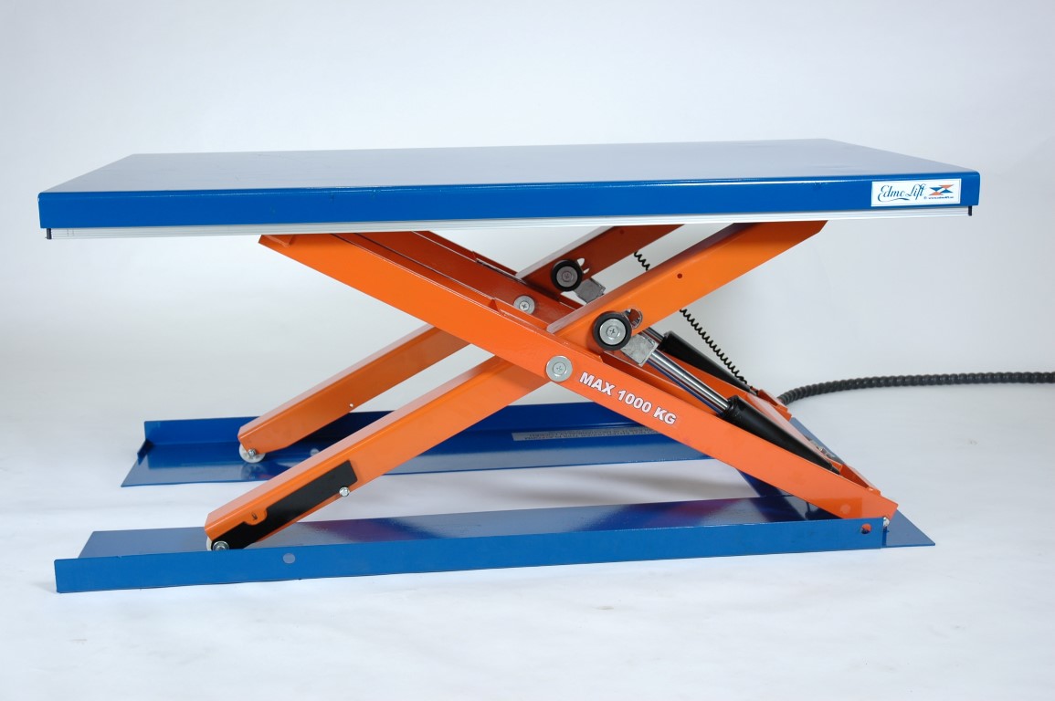 Flachhubtisch mit niedriger Höhe für das Beladen mit Hubwagen.