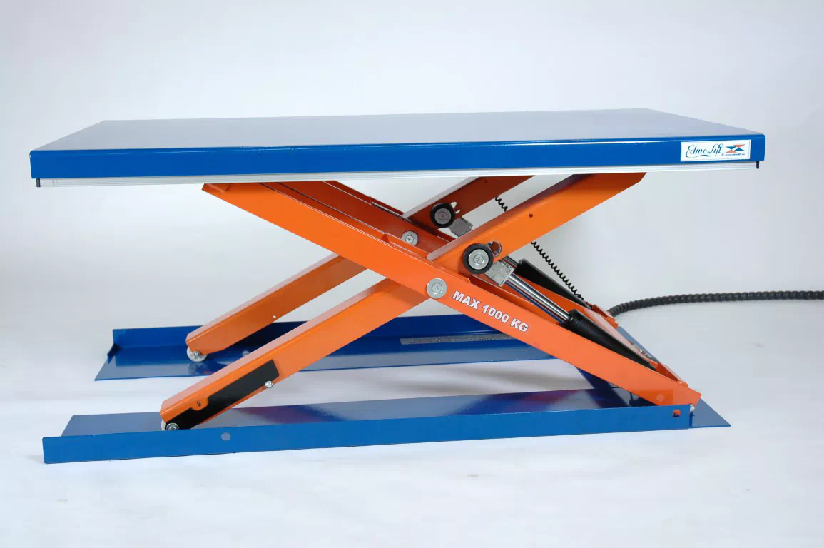 Flachhubtisch mit niedriger Höhe für das Beladen mit Hubwagen.
