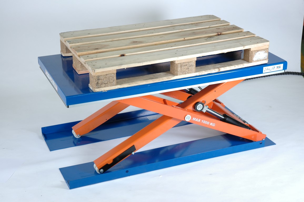 Flachhubtisch mit niedriger Höhe für das Beladen mit Hubwagen.