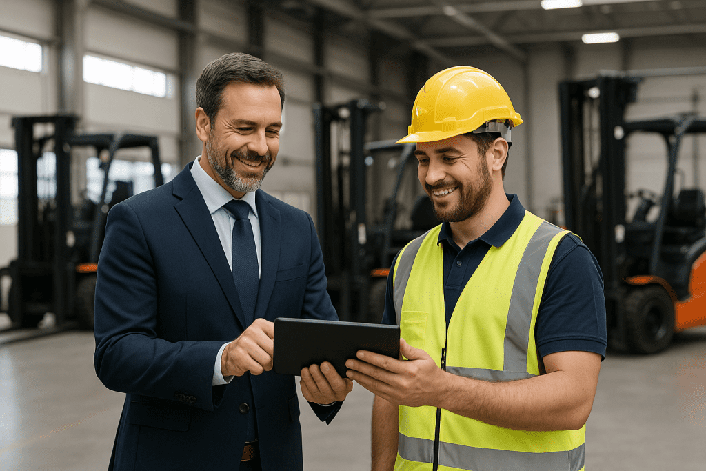 Zwei Experten im Staplerlager mit Tablet