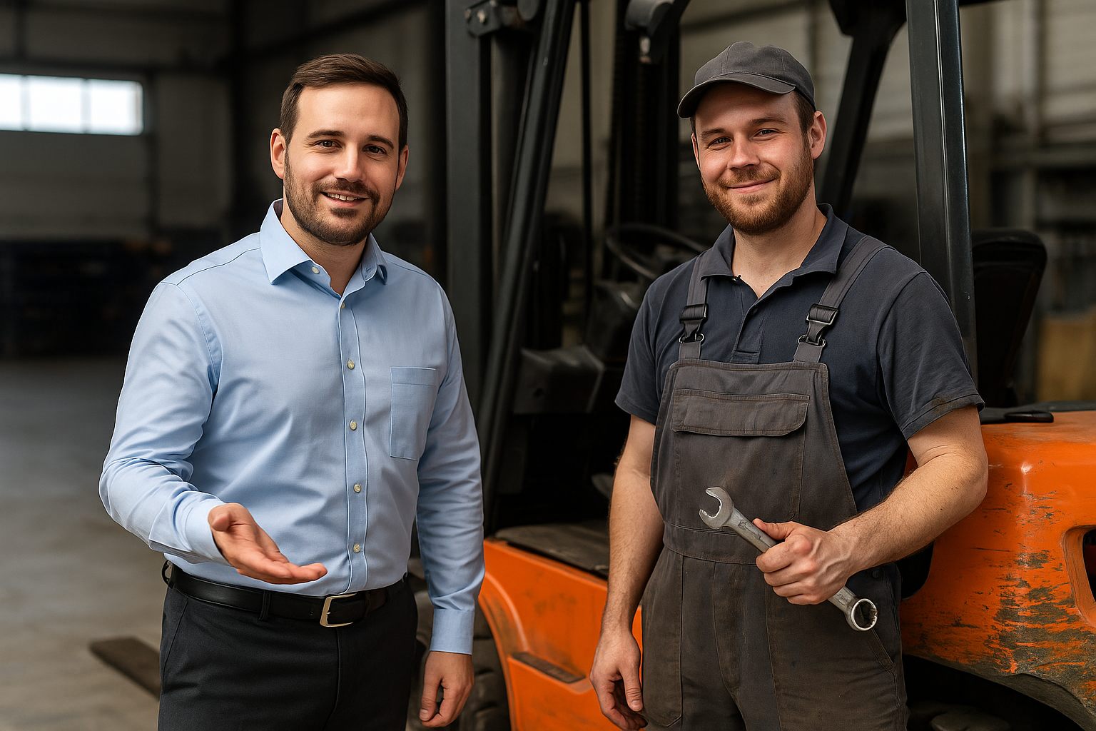 Manager und Techniker neben Gabelstapler